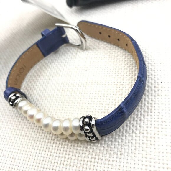 Vintage QVC Honora Double Row Pearl Blue Genuine Leather Buckle Bracelet - Picture 5 of 10